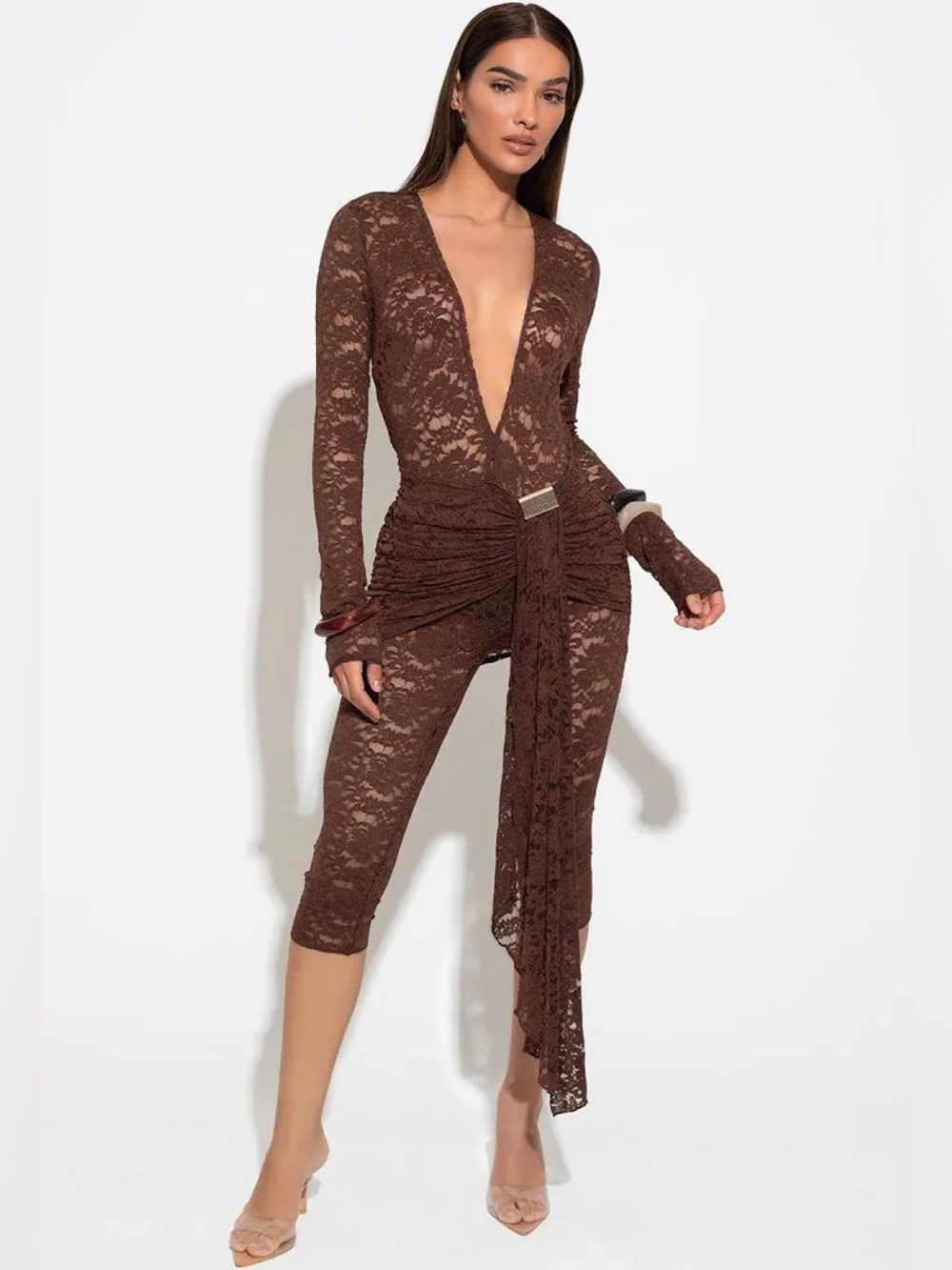 Murci Deep V Lace Jumpsuit in Chocolate Brown